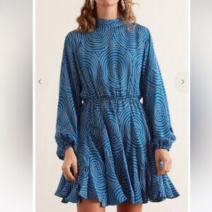 Rhode Caroline Birdseye Blue Patterned Long Sleeve silky satin mini Dress S